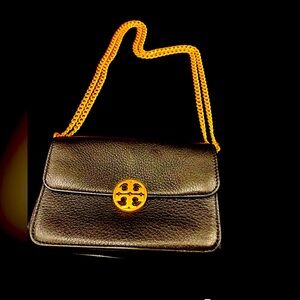 Tory Burch Chelsea Mini Handbag. Black leather, can be shoulder or crossbody.